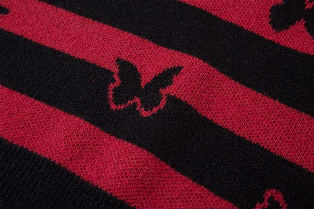 2023 Hip Hop Striped Knitted Sweater Streetwear Butterfly Graphic Distressed Ripped Pullover Men Harajuku Casual Knitwear Unisex Street King Limited