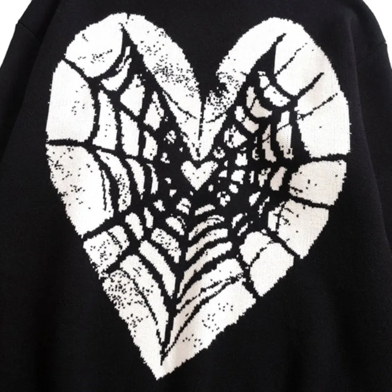 Hip Hop Knitted Sweater Men Winter O-neck Anime Spider Web Pattern Pullover Streetwear Casual Loose Sweater Warm Jumper Knitwear Street King Limited