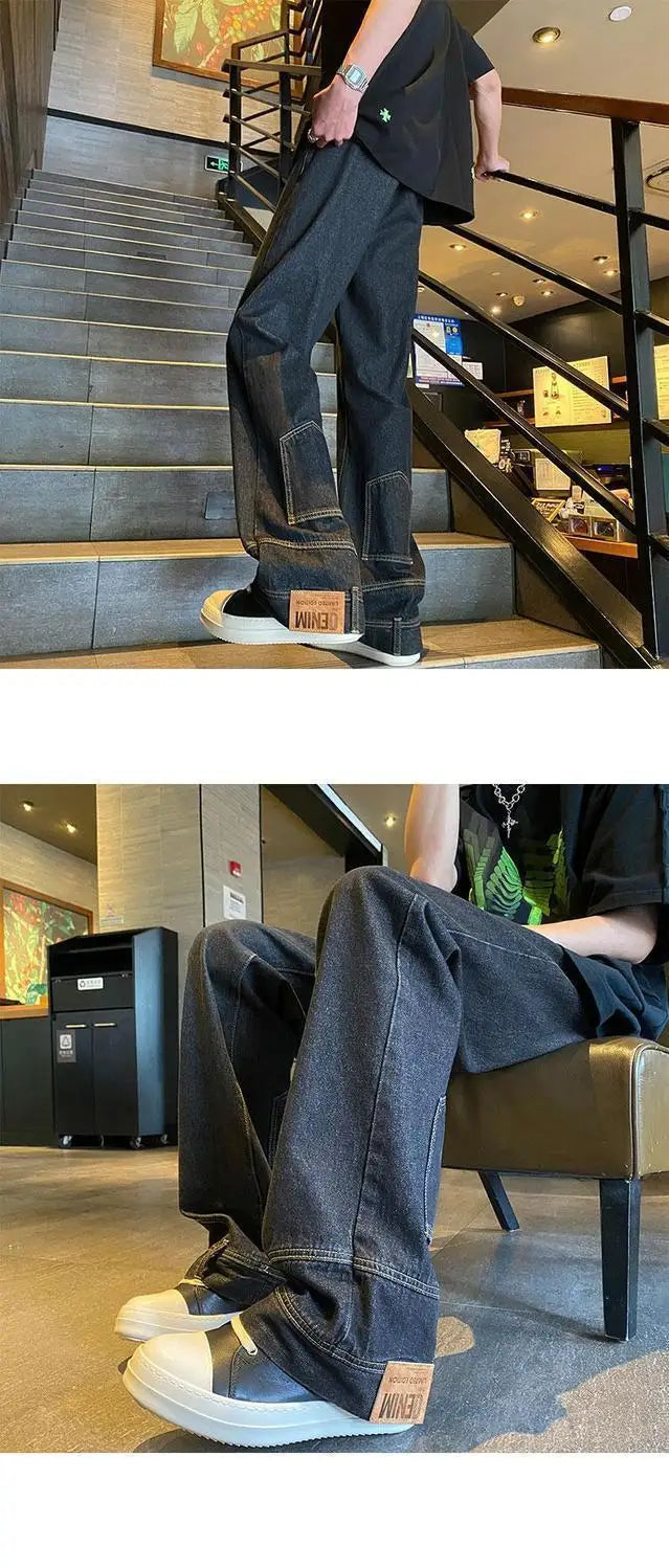 autumn vintage high street straight washed denim jeans for men and women trendy hip hop personality inverted loose casual pants unique jeans style 628
