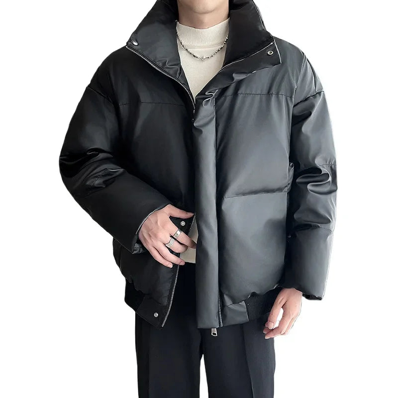 Winter Stand Collar Thicken Leather Short Jacket Men Fashion Loose Casual Warm Cotton-padded PU Leather Bomber Jacket Parka Coat Street King Limited
