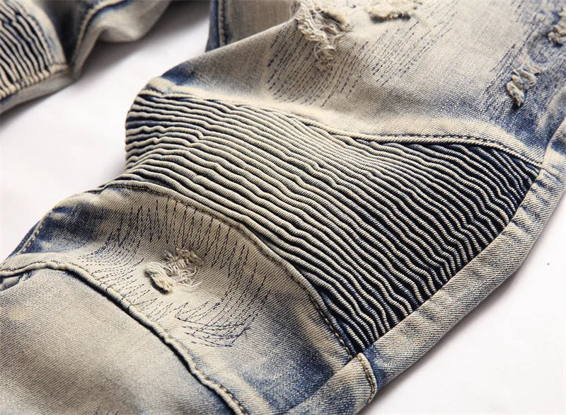 distressed washed pleated denim jean pants new fashion biker jeans streetwear casual slim pants jogger y2k mens skinny joggers unique joggers style 3140