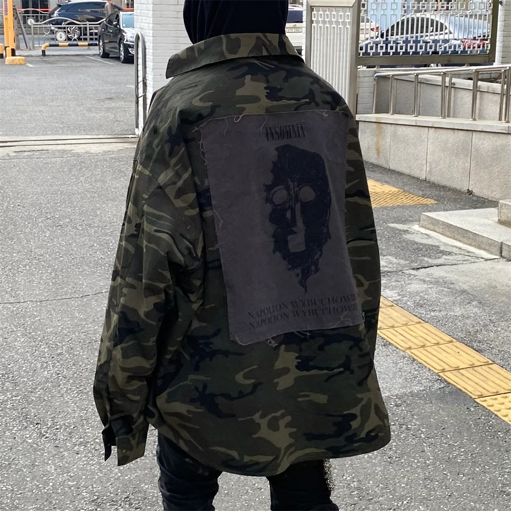 Undermycar High Street Trendy Brand High Quality Extra Large Washed and Worn Dark Checker Patch Camo Shirt Street King Limited