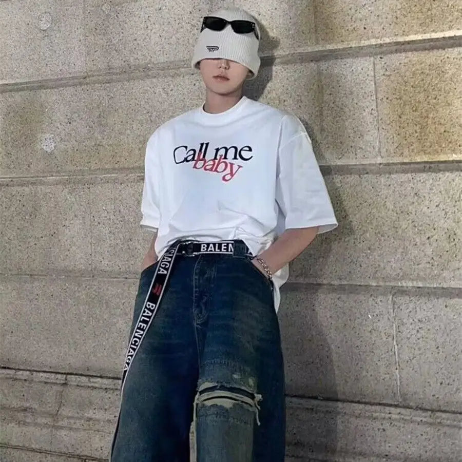 Summer men Korean retro fun printed half sleeved T shirt Fashion simple y2k couple personality hip hop loose round neck top Street King Limited