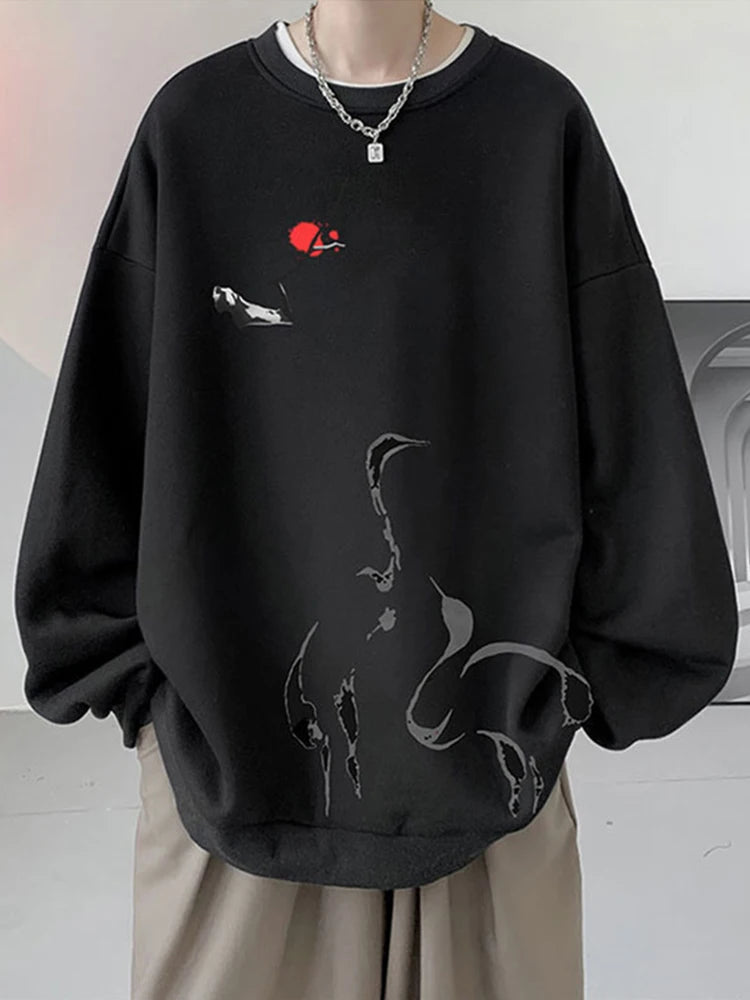 Ink Painting Cartoon Crane Printed Pullover Hoodies For Men 2024 New Hip Hop Fashion Crewneck Hoody Y2K Streetwear Sweatshirts Street King Limited