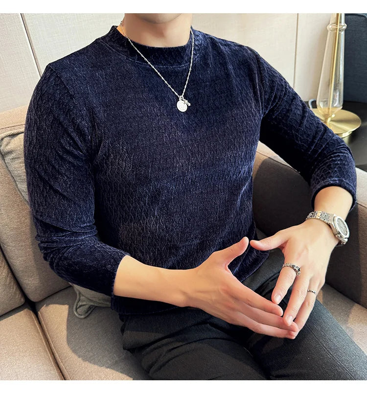 Autumn Winter Semi-turtleneck Stretch Slim Fit Long Sleeve Tshirt Men Thicken Velvet Jacquard Casual T-shirt Bottom T Shirt Street King Limited