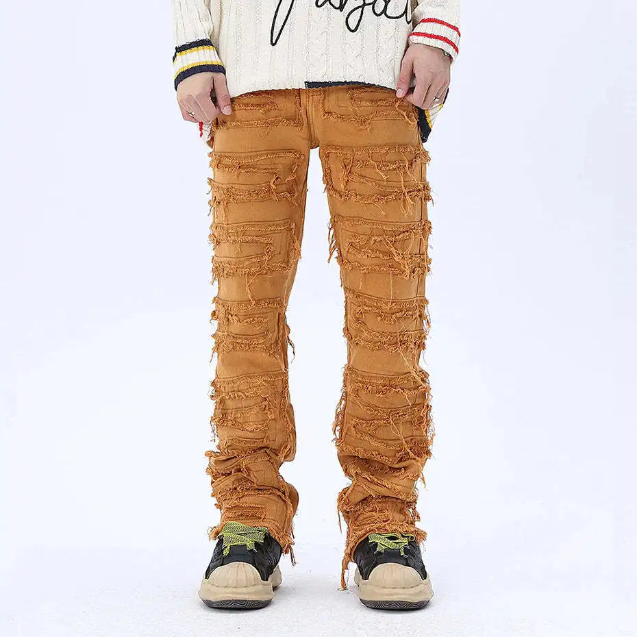 tassel hole spliced european and american straight leg denim pants new popular patch jeans mens wear unique jeans style 304