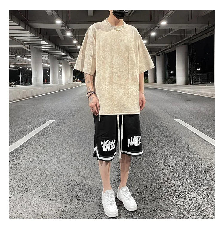 Merican Hip-hop Summer Thin Section Suede Cashew Flower Print Tshirts Tops Men and Women Loose Short-sleeved T-shirts Oversized Street King Limited