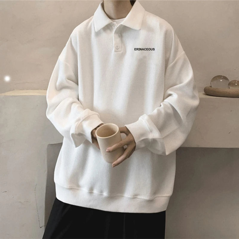 Streetwear Autumn Japanese Polo Sweatshirts Men Casual Waffle Turn Down Collar Sw 2025 Autumn Japanese Polo Sweatshirts Men Casual Waffle Turn Down Collar Sweatshirt High Street Long Sleeve Tops New In Hoodie Fashion Sweater Jacket With Graphic Design For Men