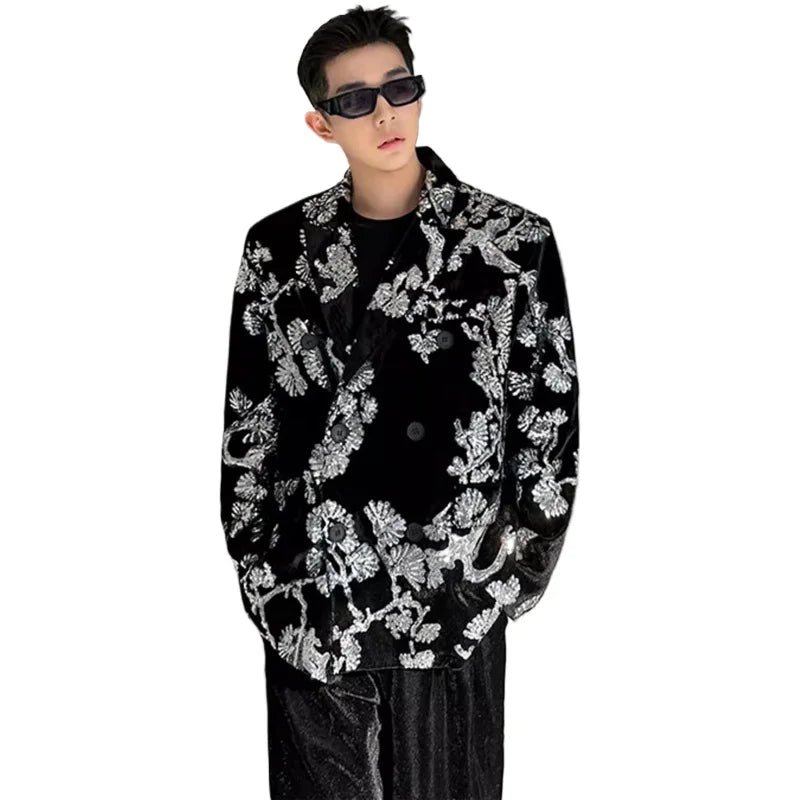 men sequin embroidery velvet loose casual 2 pieces suits blazers jacket pant sets stage party dress suits performance costumes urban fashion pants