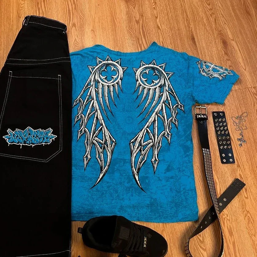 harajuku tapout and wexwear suit graphic embroidered jeans black y2k skateboard pants jeans tracksuit t shirt for men streetwear urban skinny jeans