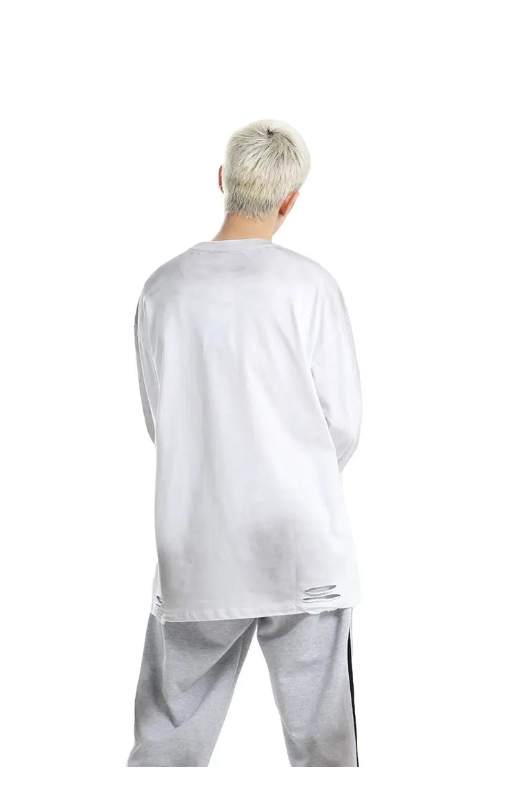 Men's Streetwear Hole Washed Cotton Long Sleeve Loose Casual T Shirt Tiki Y2k Clothes Oversized T-shirt for Men Tops Tshirt Street King Limited