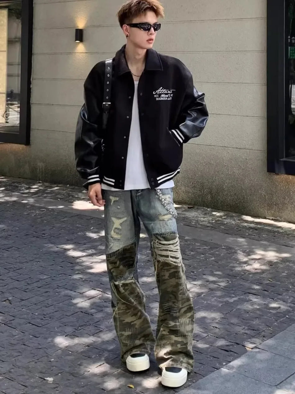 Trendy Camo Cowboy Cargo Pants Mens Spring Autumn Elasticity Fashion Harajuku Patchwork Straight Jeans New Washed Denim Trousers Street King Limited