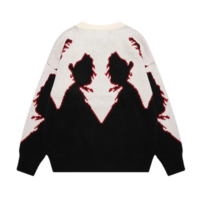 Hip Hop Knitted Sweater Men Autumn Winter O-neck Anime Pattern Pullover Streetwear Casual Loose Sweaters Unisex Jumpers Knitwear Street King Limited