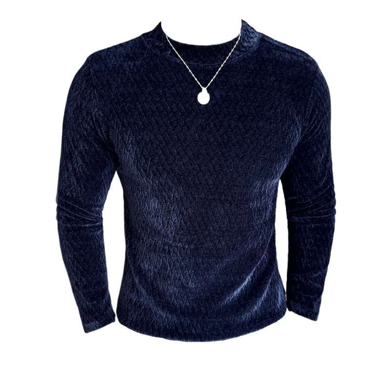 Autumn Winter Semi-turtleneck Stretch Slim Fit Long Sleeve Tshirt Men Thicken Velvet Jacquard Casual T-shirt Bottom T Shirt Street King Limited