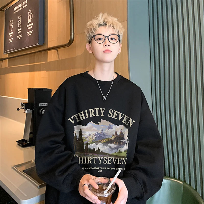 Autumn Oil Painting Landscape Print Cotton Sweatshirt Men Loose Casual Crewneck Pullover Hoodies Korean Fashion Y2K Clothing Street King Limited
