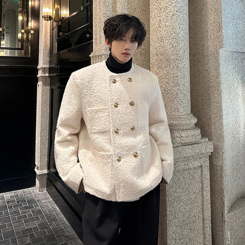 men french fashion retro double breasted woolen loose casual short jacket man autumn winter korean streetwear thicken coat top casual urban shorts