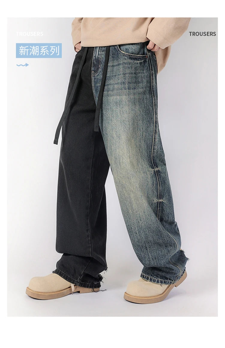 men streetwear fashion black blue splice hip hop loose casual wide leg straight baggy jeans pant cityboy jeans pants trousers unique jeans style 2518