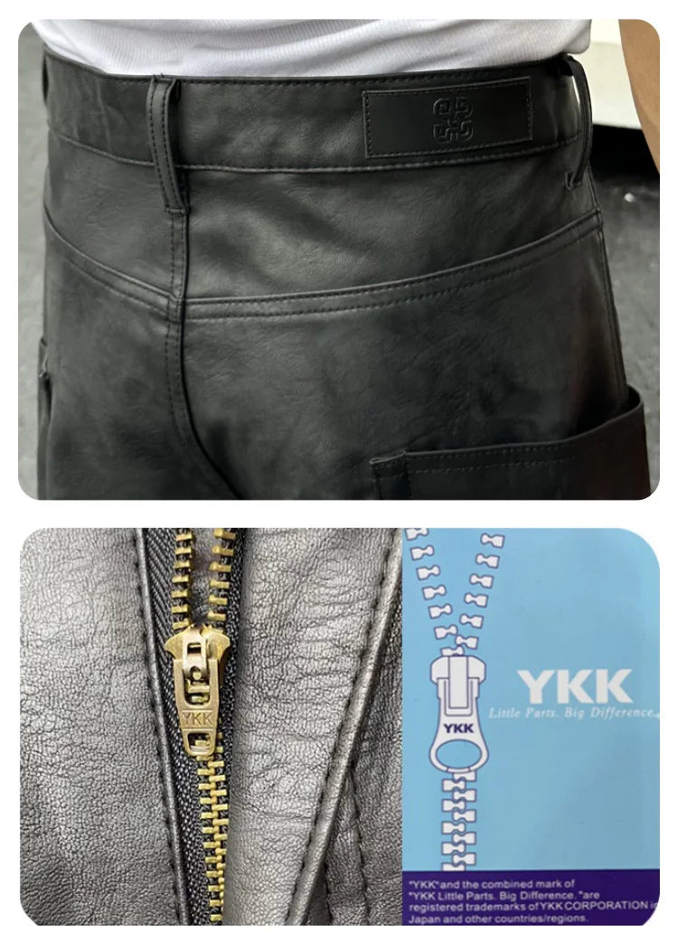 men brand fashion splice pocket loose casual wide leg leather baggy pant cityboy streetwear cargo motorcycle pants trousers unique cargo style 2424