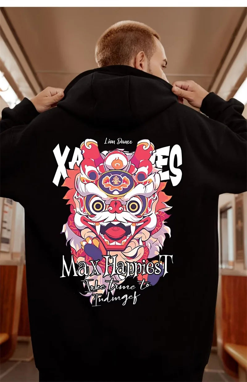 New Lion Dance Graphic Hoodies For Men Y2K Streetwear Fleece Hooded Sweatshirts Hip Hop Fashion Oversized Pullover Hoody Clothes Street King Limited
