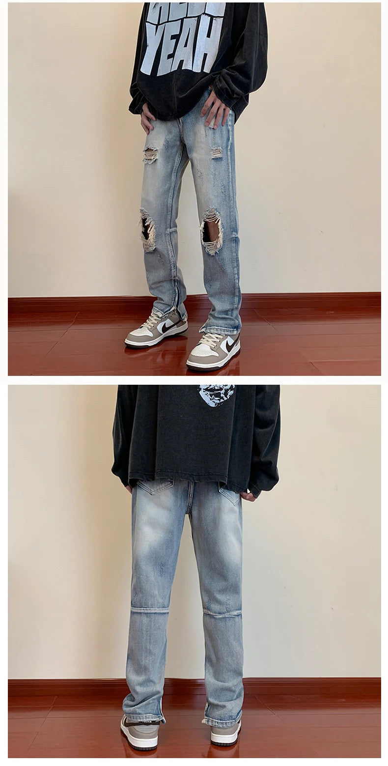 bottom zipper destroyed washed jeans skinny jeans ripped holes trousers men biker jeans fashion streetwear hip hop pants joggers unique joggers style 2010