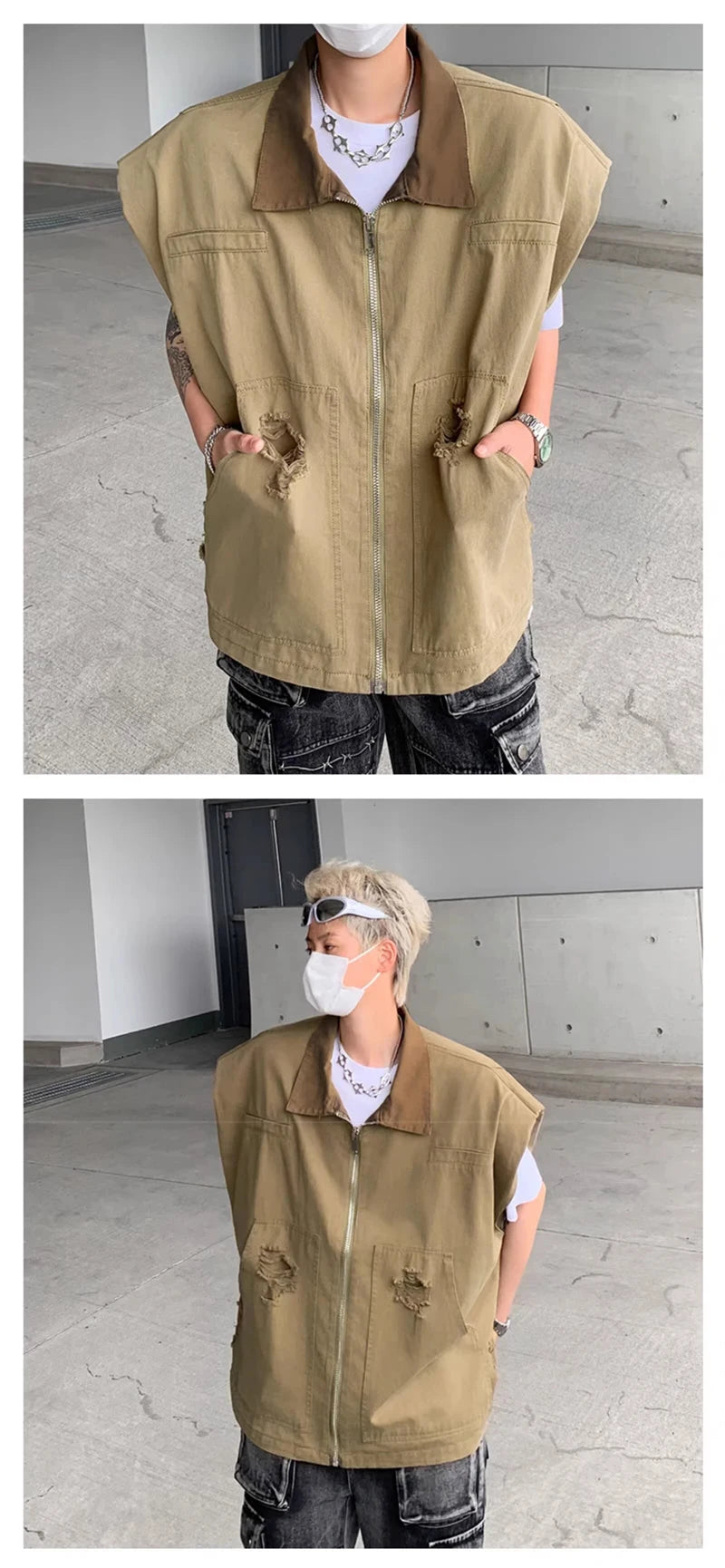 autumn mens zipper sleeveless denim jackets outwear streetwear khaki cargo vest coats 2024 new hip hop fashion working clothes unique cargo style 9