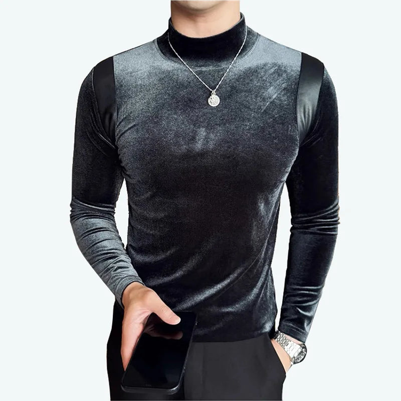 Turtleneck Stretch Slim-fit T-shirt Men Long Sleeve Thicken Elastic Velvet Retro Fashion Casual Tshirt Handsome Man T Shirts Street King Limited