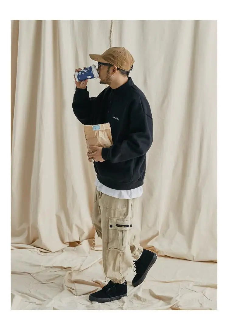 Trendy brand sweatshirt men's Japanese style loose stand collar hoodless pullover long sleeve versatile autumn and winter style Street King Limited