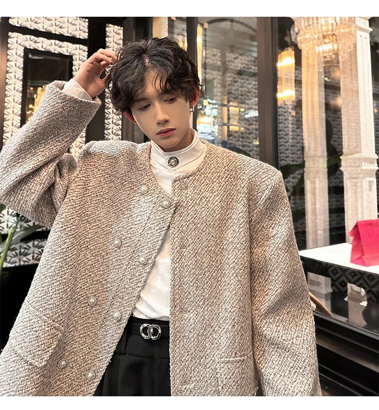 men double breasted french retro loose casual woolen short jacket man korean streetwear show fashion coat autumn outerwear unique shorts style 1322