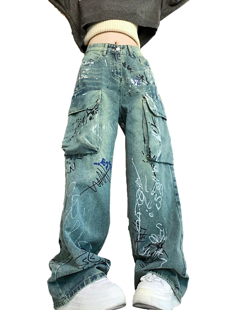 graffiti printed denim jeans unisex side pocket straight cargo jean trousers hip hop streetwear casual loose joggers jeans pants sporty tapered joggers