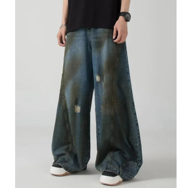 Summer High Street Hip Hop Jeans Mens Halo Dye Hole Washed Straight Denim Pants Loose Silhouette Retro Micro Flared Trousers Street King Limited