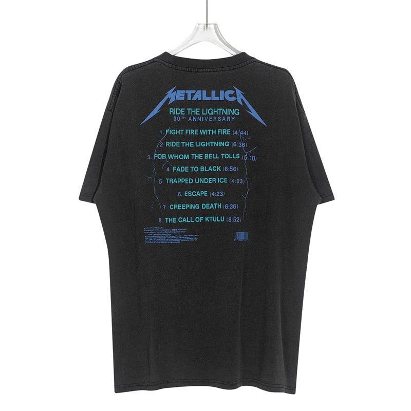 Summer Vintage High Street Wash Lightning Print T-shirt Vintage Heavy Metal Rock Band Short Sleeve Japanese Street Pure Cotton Street King Limited