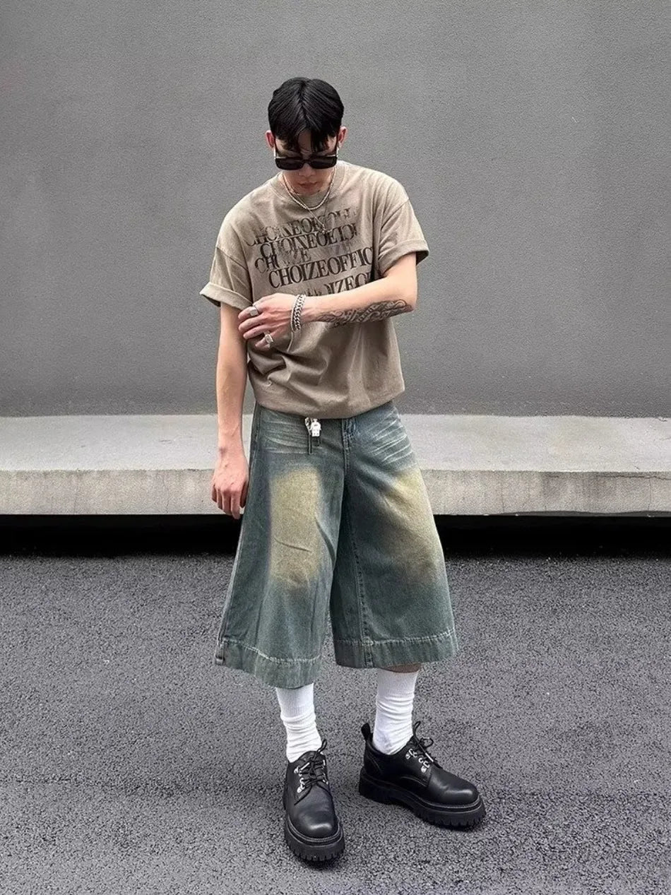 Summer Trend Denim Cropped Trousers Mens American Hip Hop Washed Wide Leg Shorts Unisex High Street Straight Cowboy Mid Pants Street King Limited