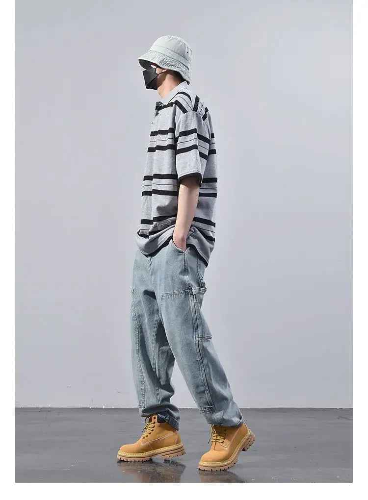 Summer Korean Personalized Men's Retro POLO Shirt Gray and Black Striped Breathable Men's Women's Y2K Summer Half-sleeved Top Street King Limited