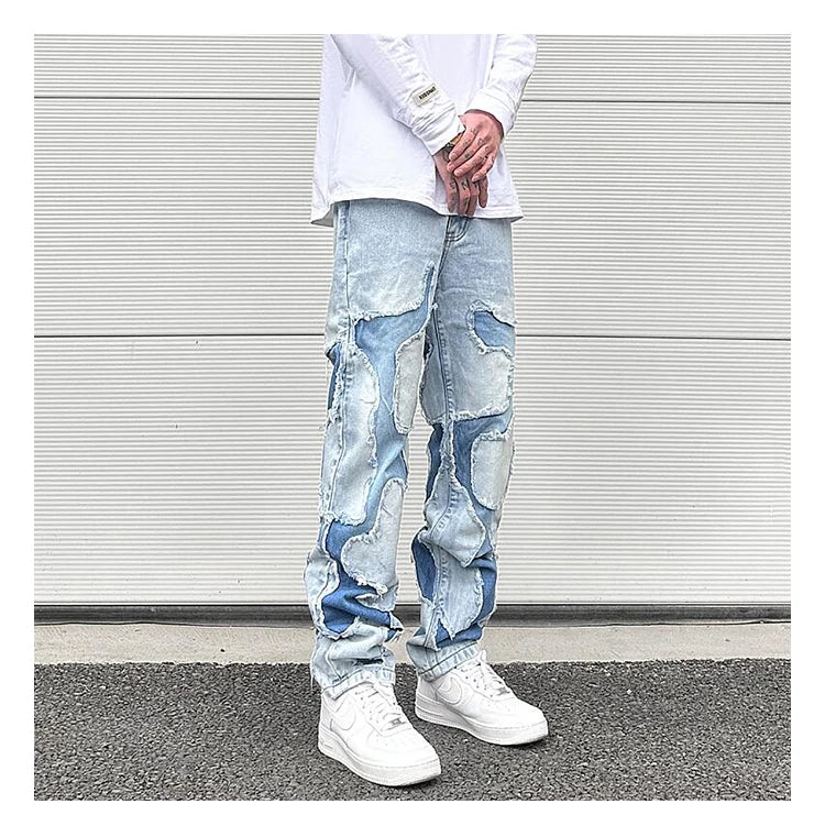 ripped irregular patchwork design denim jeans men casual zipper biker trousers jeans fashion streetwear hip hop pants joggers unique joggers style 2621