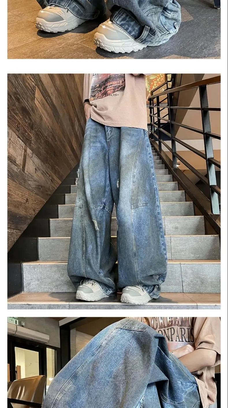 american style dirty and torn hole design straight leg wide leg jeans for men and women high street loose street casual pants unique jeans style 652