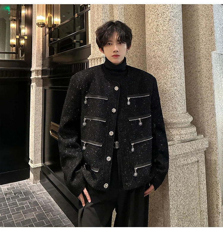 multi zipper sequin woolen jacket men french retro fashionable casual christmas jacket spring autumn coat stage show clothing unique default style 1462