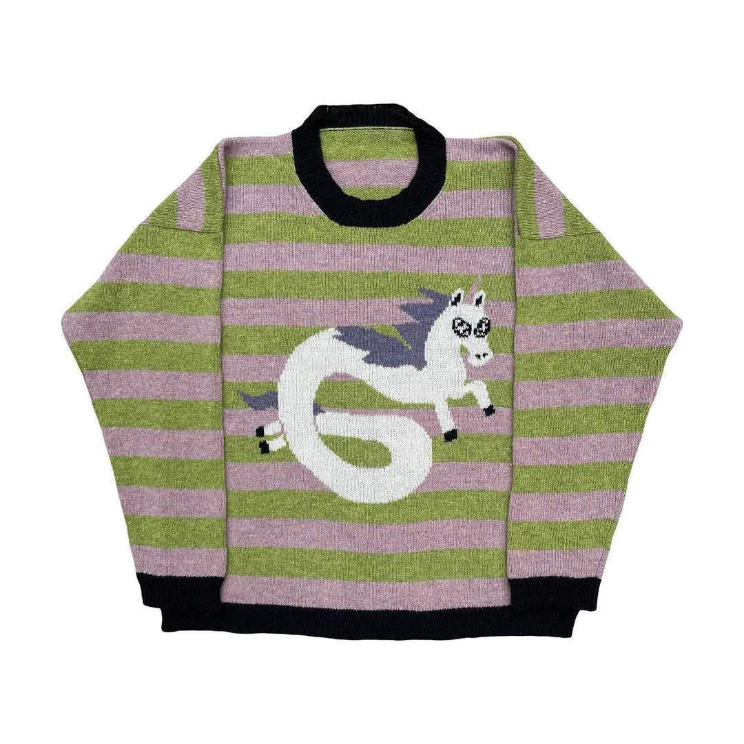 Y2K Women's Sweater Clothing Vintage Knitted Wool Sweater Jumper Round Neck Stripe Cute patterns Round Neck Long Sleeve Clothing Street King Limited