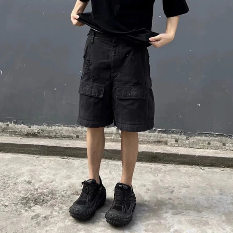 vintage ripped damaged black cargo shorts for men high street wide leg baggy overalls distressed summer knee length pants utility cargo pants