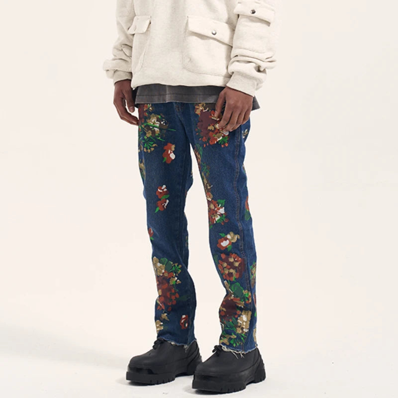 graffiti floral printed denim jean mens new casual zipper biker jeans fashion high street slim fit pants joggers hip hop jeans casual joggers