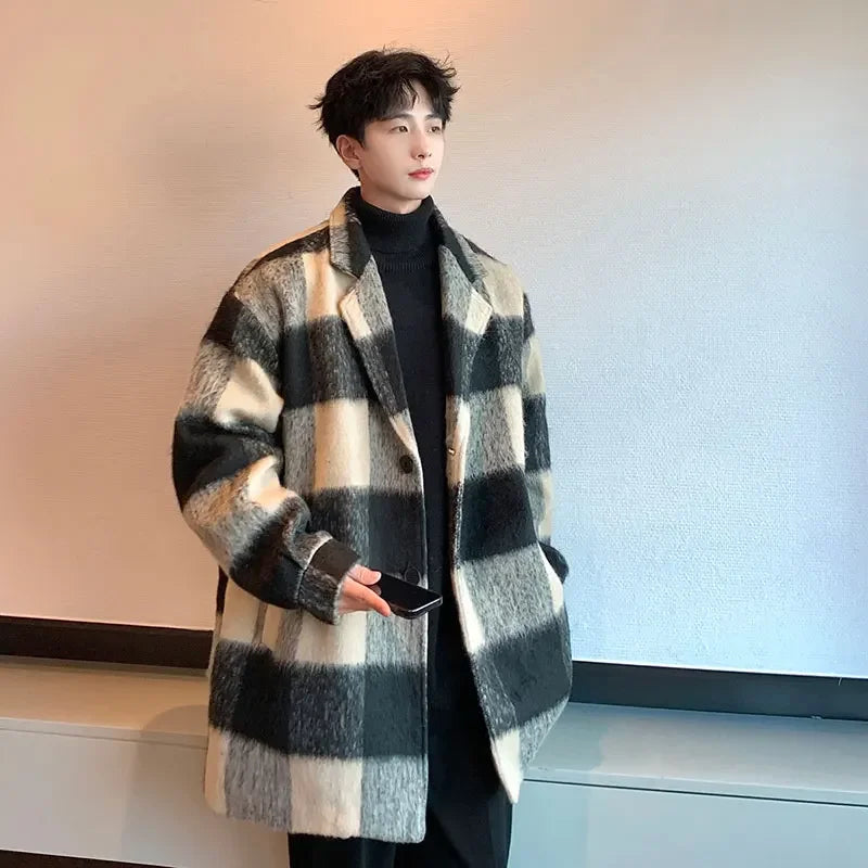 plaid woolen trenchcoat men autumn winter fashion retro streetwear suit collar loose casual trendy trench coat outerwear menswear bottoms