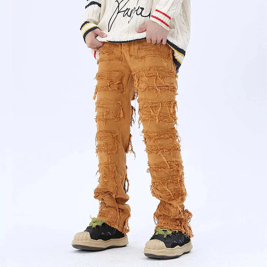 tassel hole spliced european and american straight leg denim pants new popular patch jeans mens wear unique jeans style 305