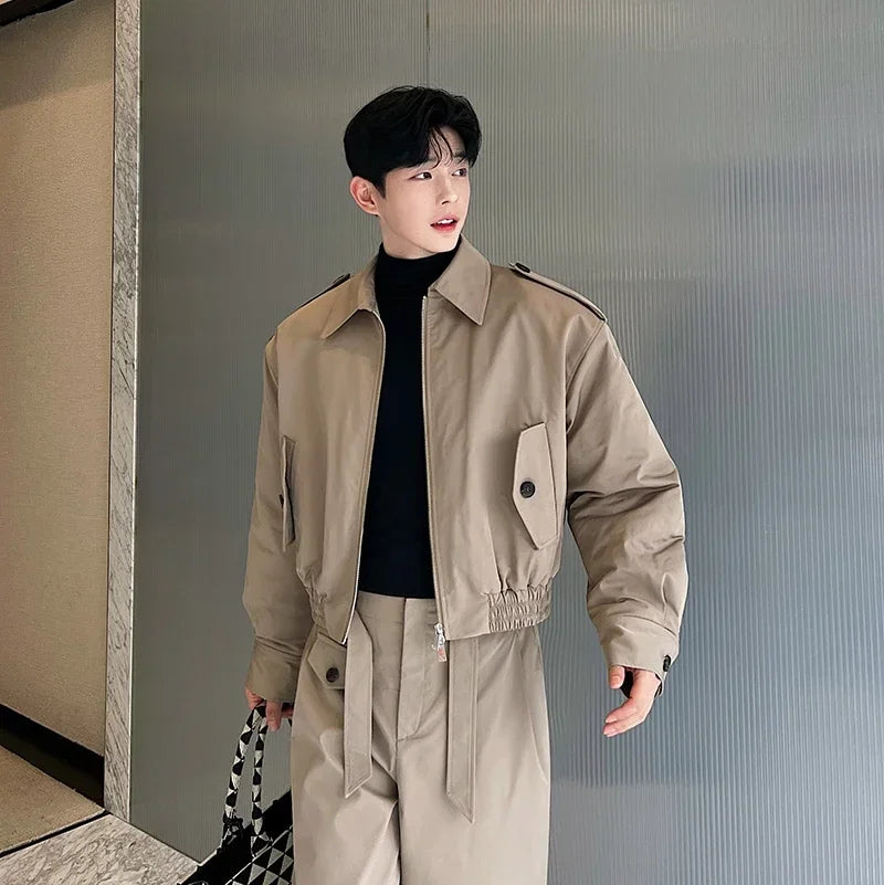 men 2 pieces sets quilted short cargo jacket pant autumn winter korean streetwear casual thicken bomber coat trousers suits multi-pocket cargos