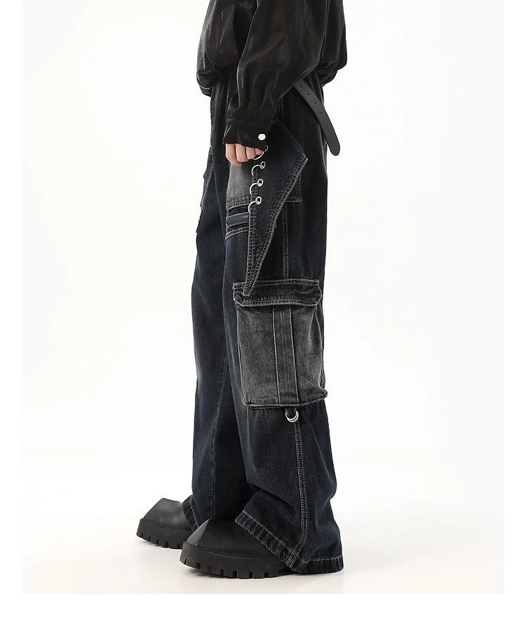 fashion punk rings streetwear loose pants unisex casual multiple pockets wide legs jean pants hip hop joggers men baggy jeans unique joggers style 492