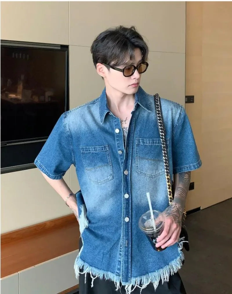 summer trend mens set shoulder padded short sleeved denim shirt quick drying casual pants 2 pcs set american retro street suit unique jeans style 3890