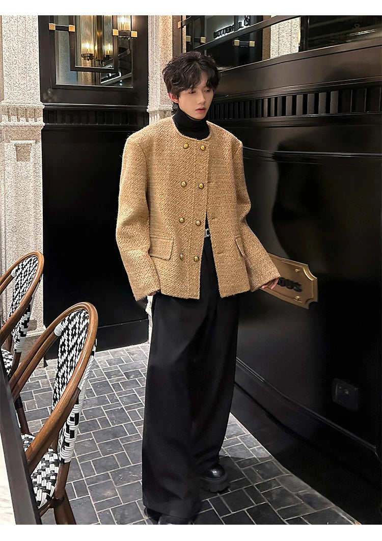 men double breasted french retro loose casual woolen short jacket man korean streetwear show fashion coat autumn outerwear unique shorts style 1314
