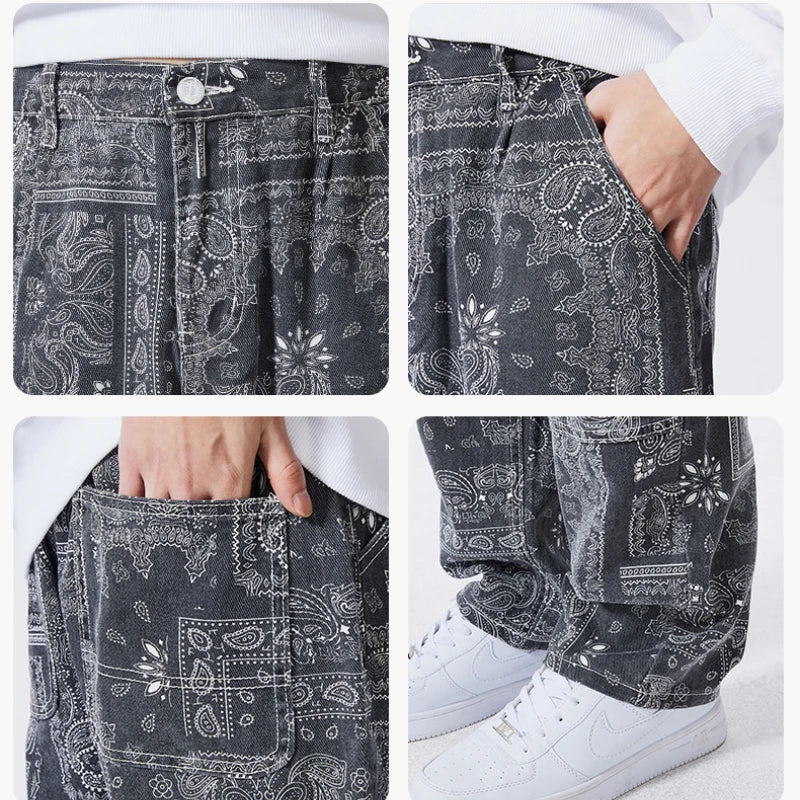 mens hip hop straight denim jeans pants fashion zipper paisley jeans streetwear casual loose trousers pants joggers baggy jeans unique joggers style 1801