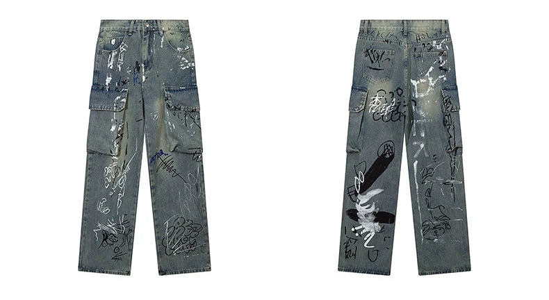 graffiti printed denim jeans unisex side pocket straight cargo jean trousers hip hop streetwear casual loose joggers jeans pants unique joggers style 2699