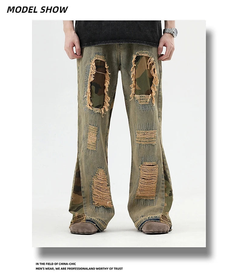 hip hop camouflage ripped patchwork denim pants for men y2k vintage streetwear wide leg jean 2025 new distressed baggy jeans unique jeans style 315