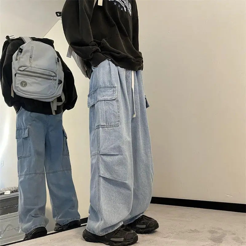 spring and autumn high street men and women trendy american washed straight leg jeans couple american loose retro casual pants ripped baggy denim
