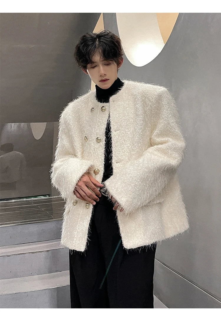 men double breasted french streetwear retro fashion loose casual tassels woolen short jacket man korean coat outerwear unique shorts style 1280